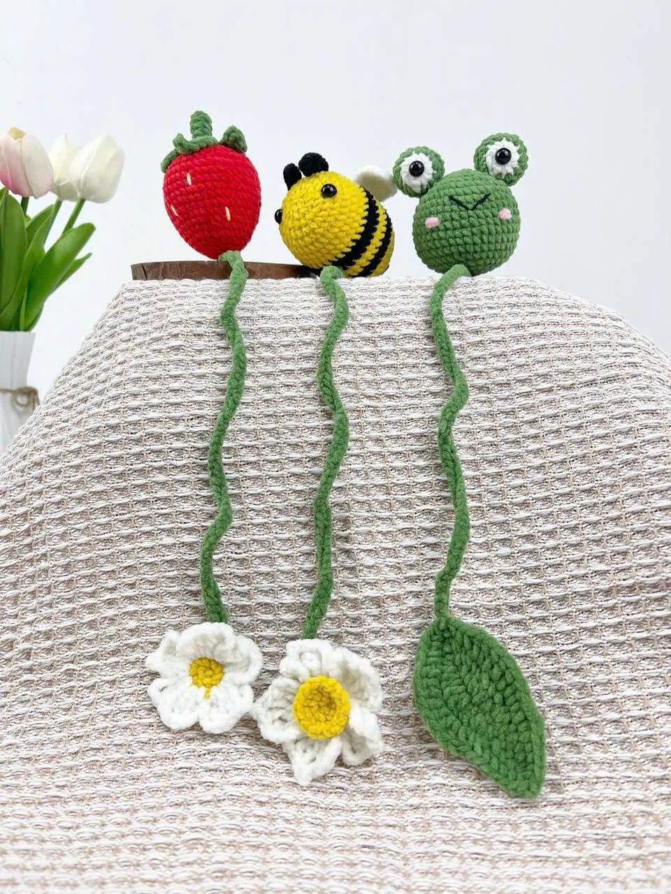 Crochet Bookmark Patterns – Bee, Frog, Strawberry (PDF)