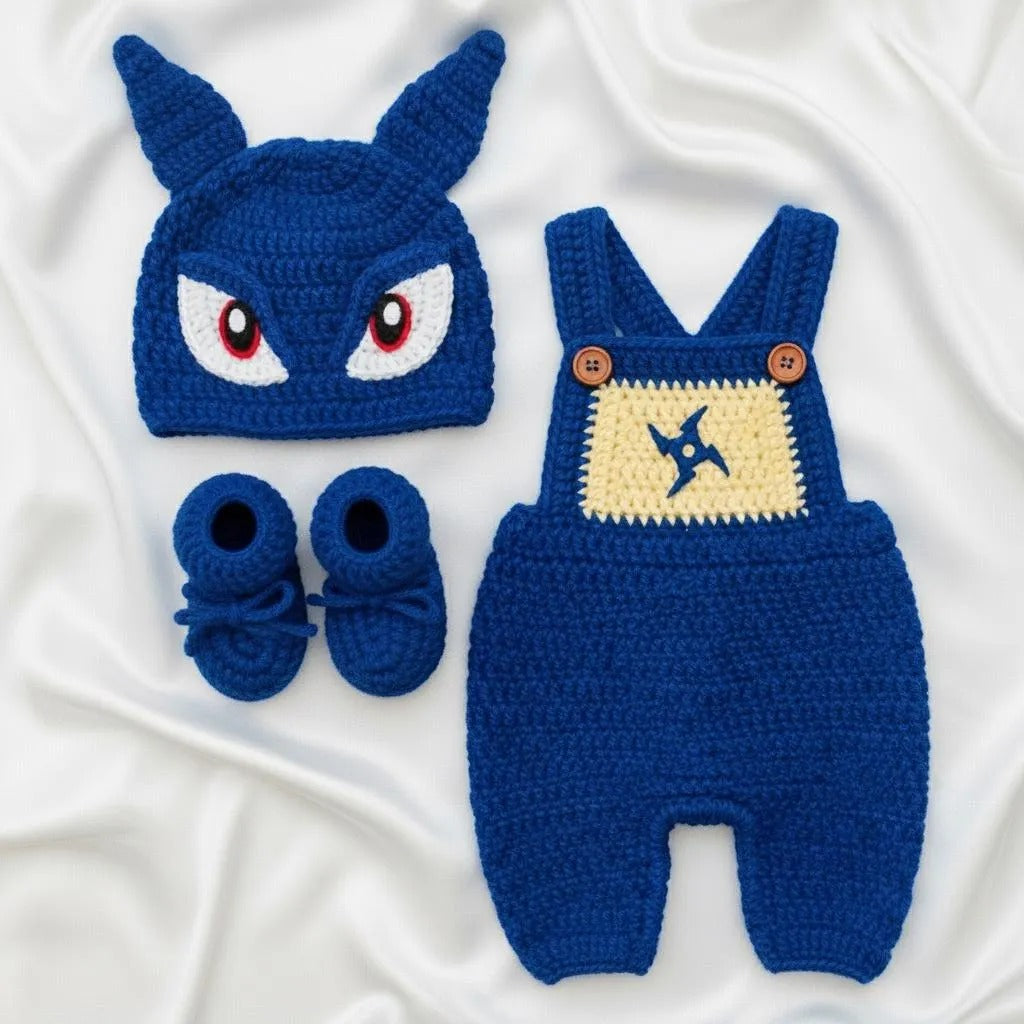 Blue Ninja Crochet Baby Outfit, Handmade Character Romper Hat & Booties Set, Newborn Photo Prop, Anime Halloween Costume, Baby Shower Gift