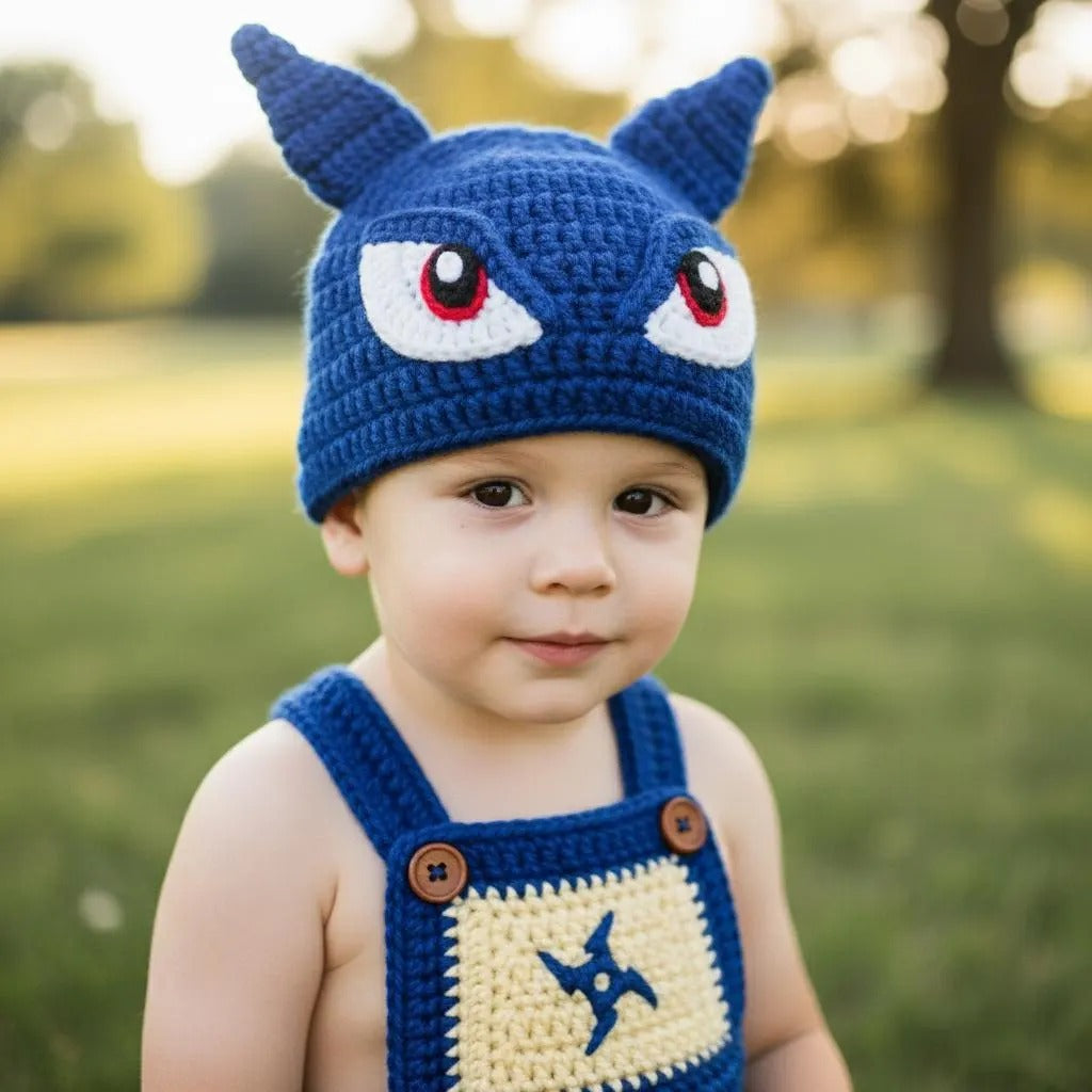 Blue Ninja Crochet Baby Outfit, Handmade Character Romper Hat & Booties Set, Newborn Photo Prop, Anime Halloween Costume, Baby Shower Gift