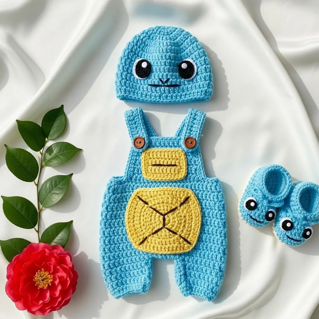 Crochet Turtle Baby Outfit Set, Blue Romper Hat and Booties, Newborn Photo Prop, Baby Halloween Costume, Baby Shower Gift