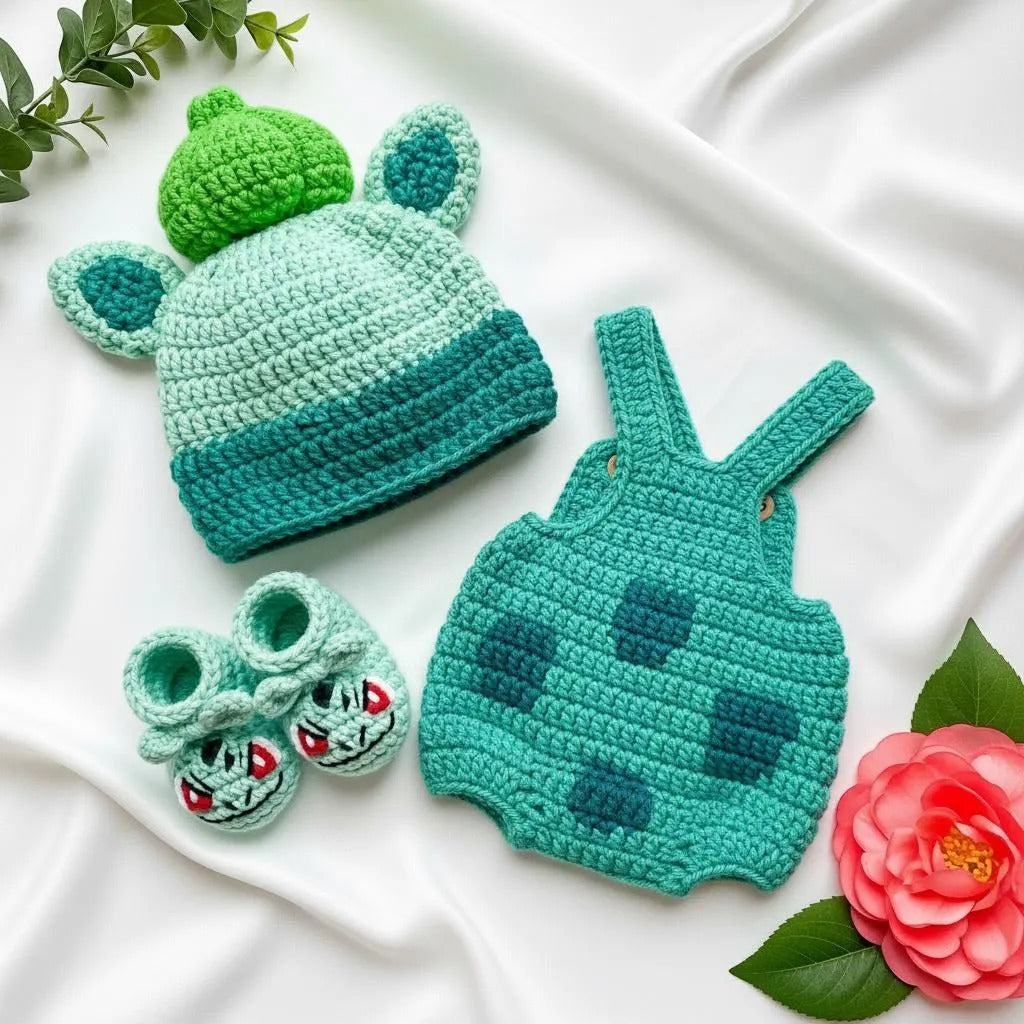 Crocheted baby outfit set laid flat on white satin fabric, including a green and teal hat with ears, a matching teal romper with dark teal spots, and small booties with cartoon face details. Decorative leaves and a pink flower frame the set.