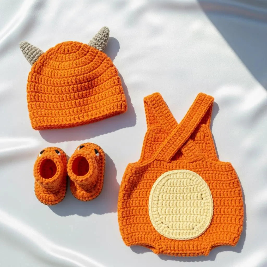 Crochet Orange Dragon Baby Outfit, Romper Hat and Booties Set, Newborn Photo Prop, Baby Halloween Costume, Baby Shower Gift