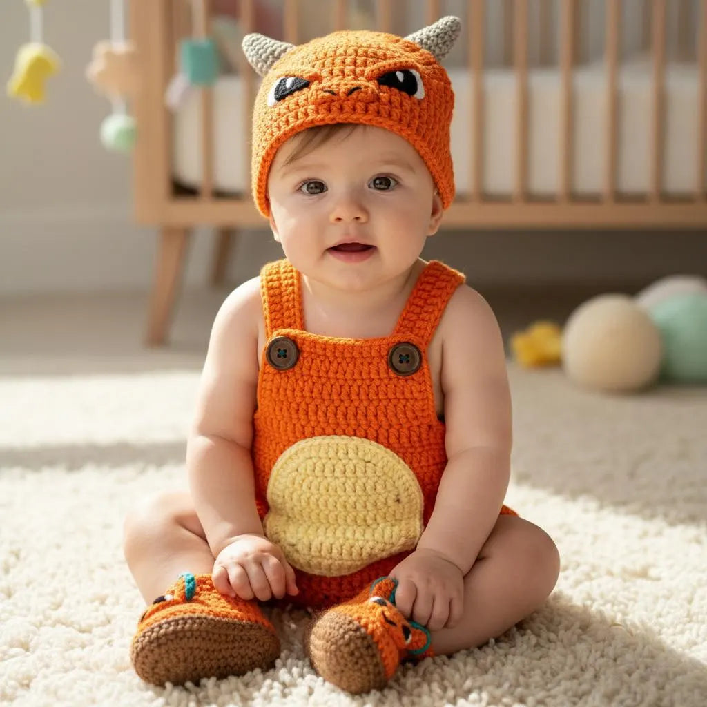 Crochet Orange Dragon Baby Outfit, Romper Hat and Booties Set, Newborn Photo Prop, Baby Halloween Costume, Baby Shower Gift