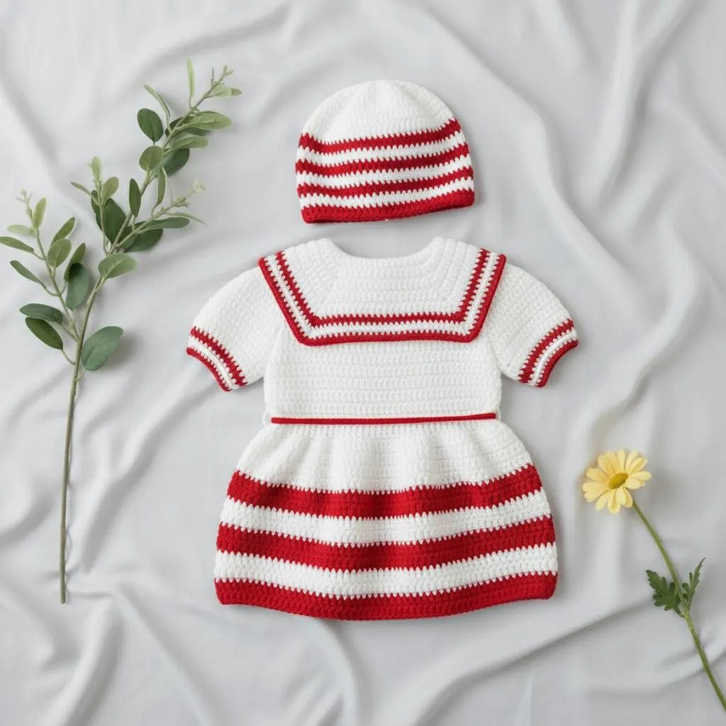Handmade Crochet Baby Dress & Hat Set, Red White Sailor Outfit, Newborn Girl Photo Prop, Christmas Baby Gift