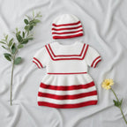 Handmade Crochet Baby Dress & Hat Set, Red White Sailor Outfit, Newborn Girl Photo Prop, Christmas Baby Gift