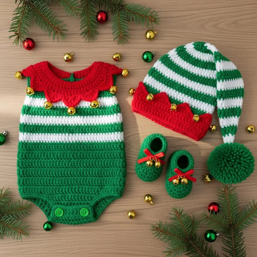 Personalized Crochet Baby Elf Outfit, Christmas Romper Hat and Booties Set, Newborn Photo Prop, First Christmas Costume Gift
