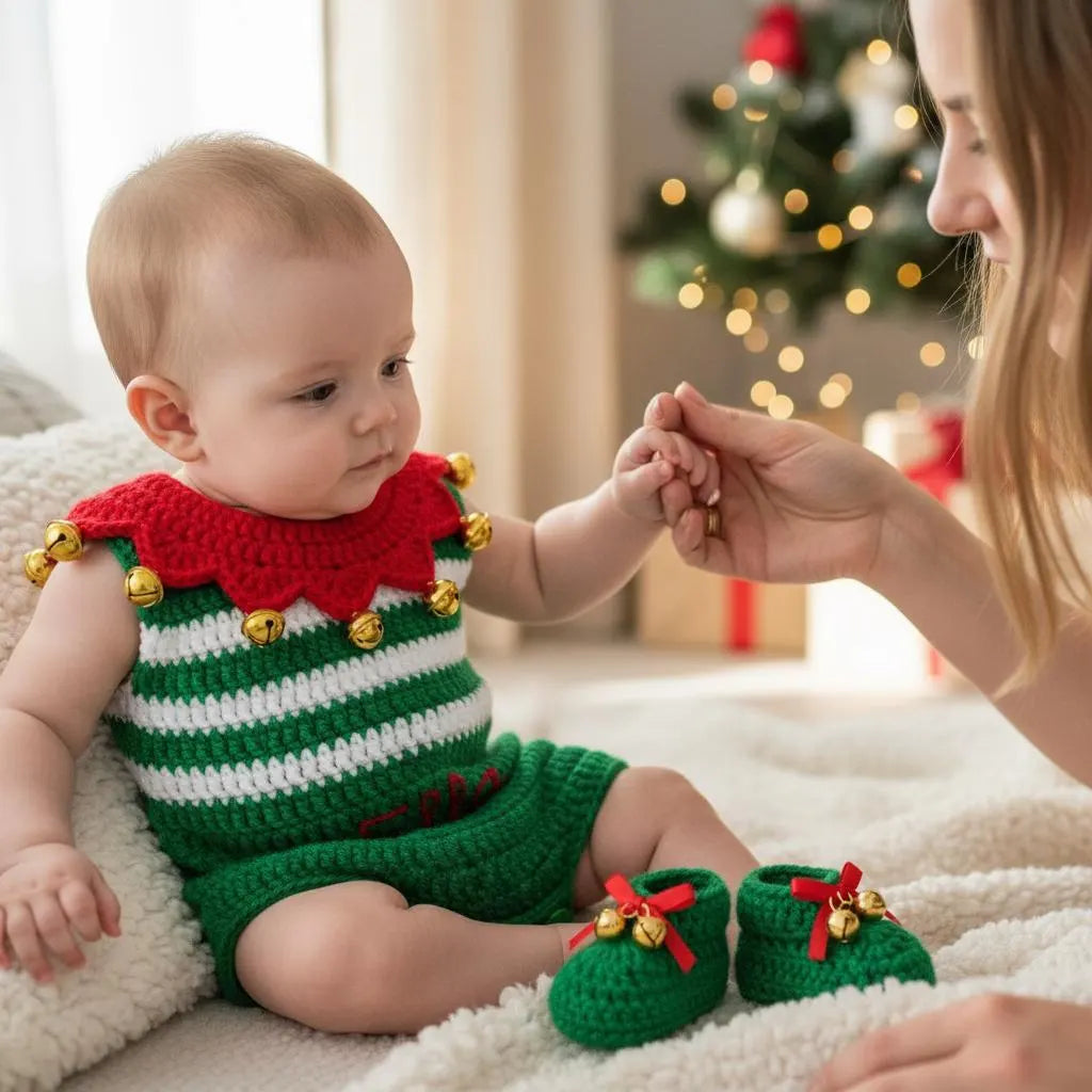 Personalized Crochet Baby Elf Outfit, Christmas Romper Hat and Booties Set, Newborn Photo Prop, First Christmas Costume Gift