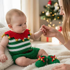 Personalized Crochet Baby Elf Outfit, Christmas Romper Hat and Booties Set, Newborn Photo Prop, First Christmas Costume Gift