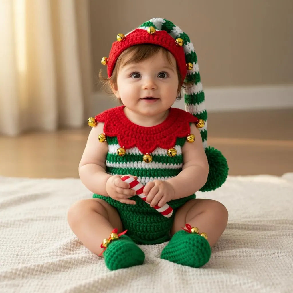 Personalized Crochet Baby Elf Outfit, Christmas Romper Hat and Booties Set, Newborn Photo Prop, First Christmas Costume Gift