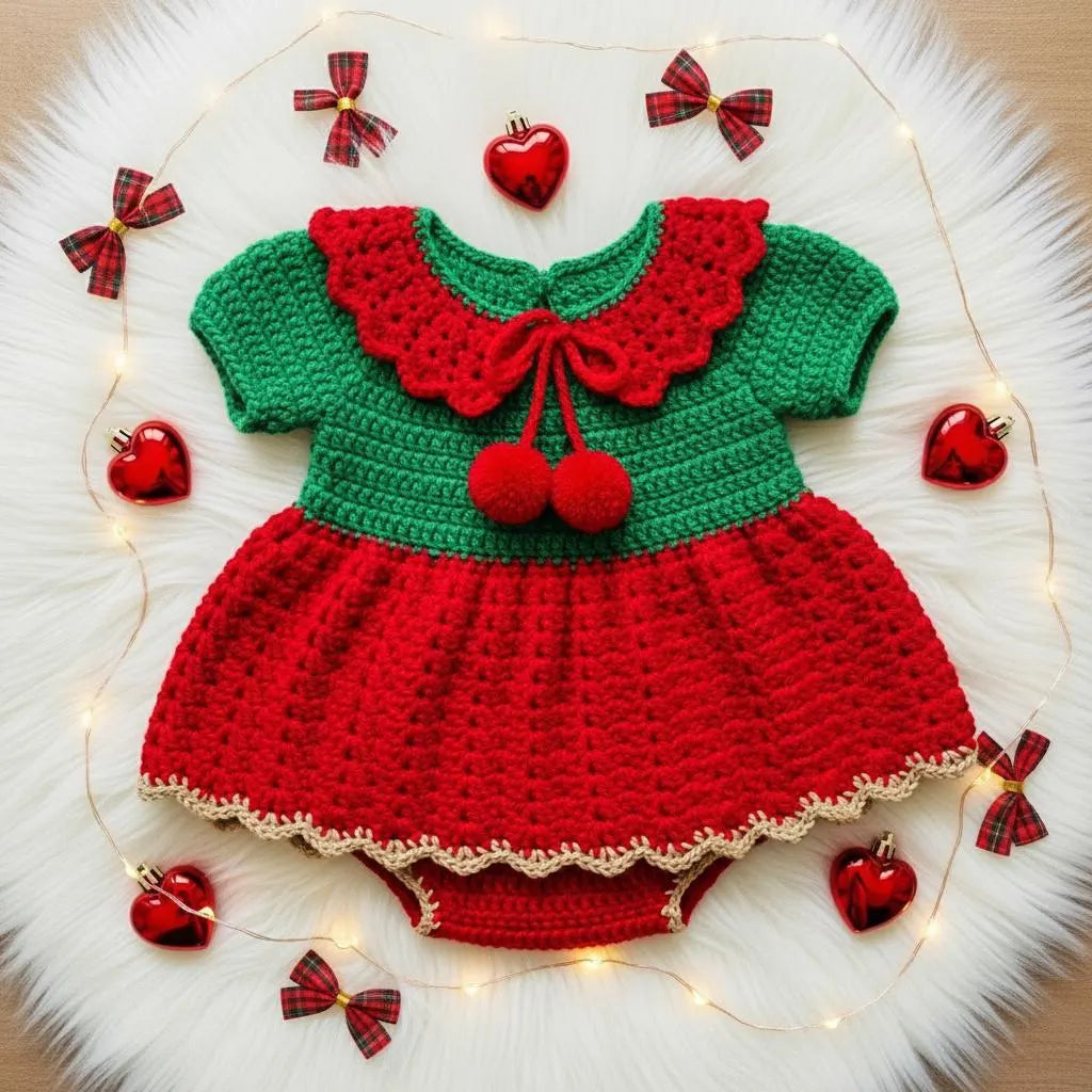 Crochet Christmas Baby Dress, Handmade Elf Baby Romper, Newborn Girl Holiday Outfit, First Christmas Photo Prop, Baby Shower Gift