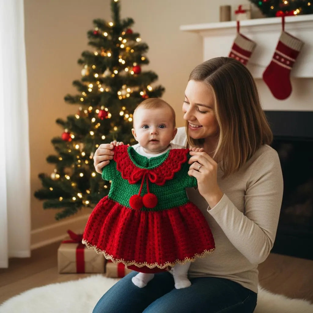 Crochet Christmas Baby Dress, Handmade Elf Baby Romper, Newborn Girl Holiday Outfit, First Christmas Photo Prop, Baby Shower Gift