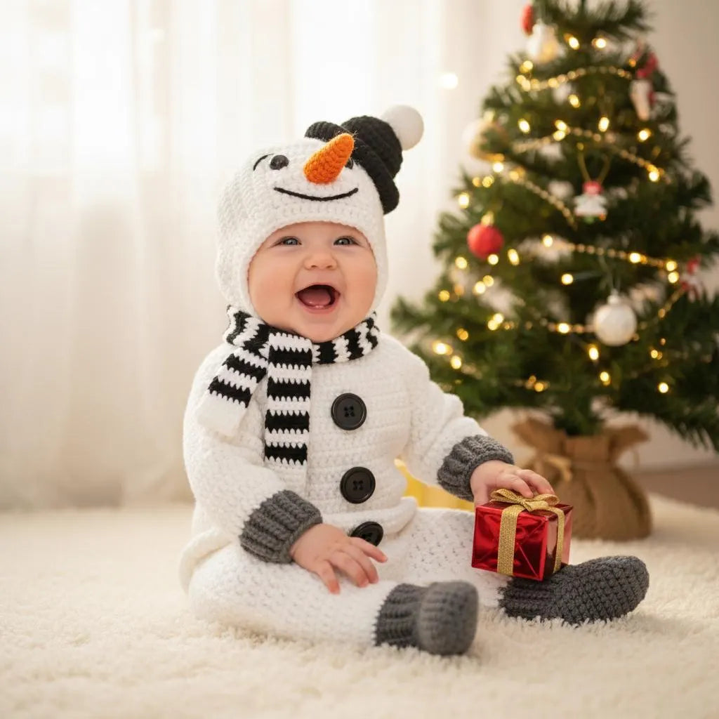 Crochet Snowman Baby Outfit, Hooded Romper with Scarf, Newborn Christmas Photo Prop, Baby’s First Christmas Gift, Winter Costume
