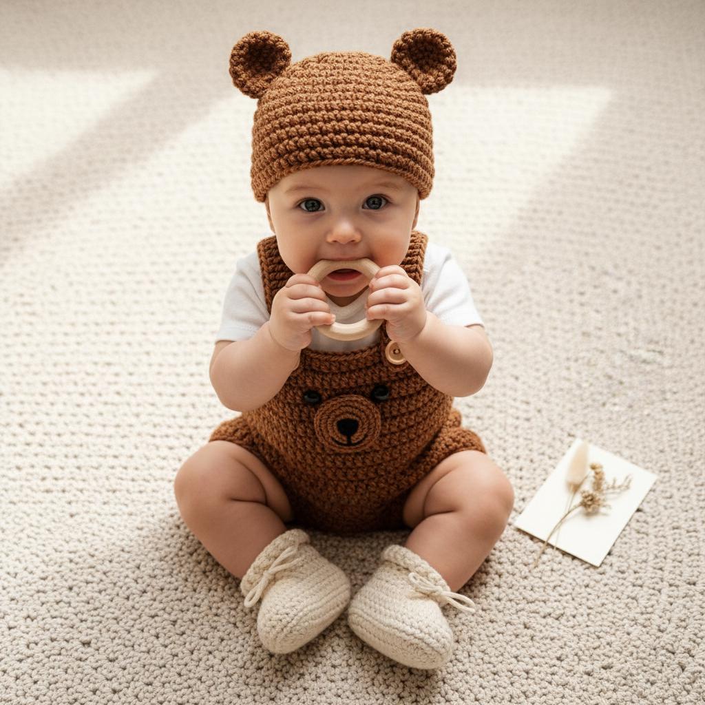 Crochet Bear Baby Outfit Set, Brown Teddy Bear Romper with Hat and Booties, Newborn Photo Prop, Coming Home Outfit, Baby Shower Gift