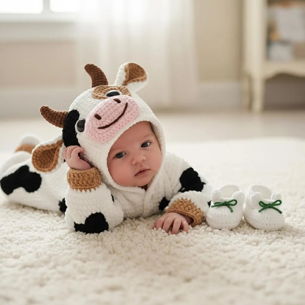 Crochet Cow Baby Romper, Hooded Farm Animal Costume with Booties, Newborn Photo Prop, First Halloween Outfit, Baby Shower Gift