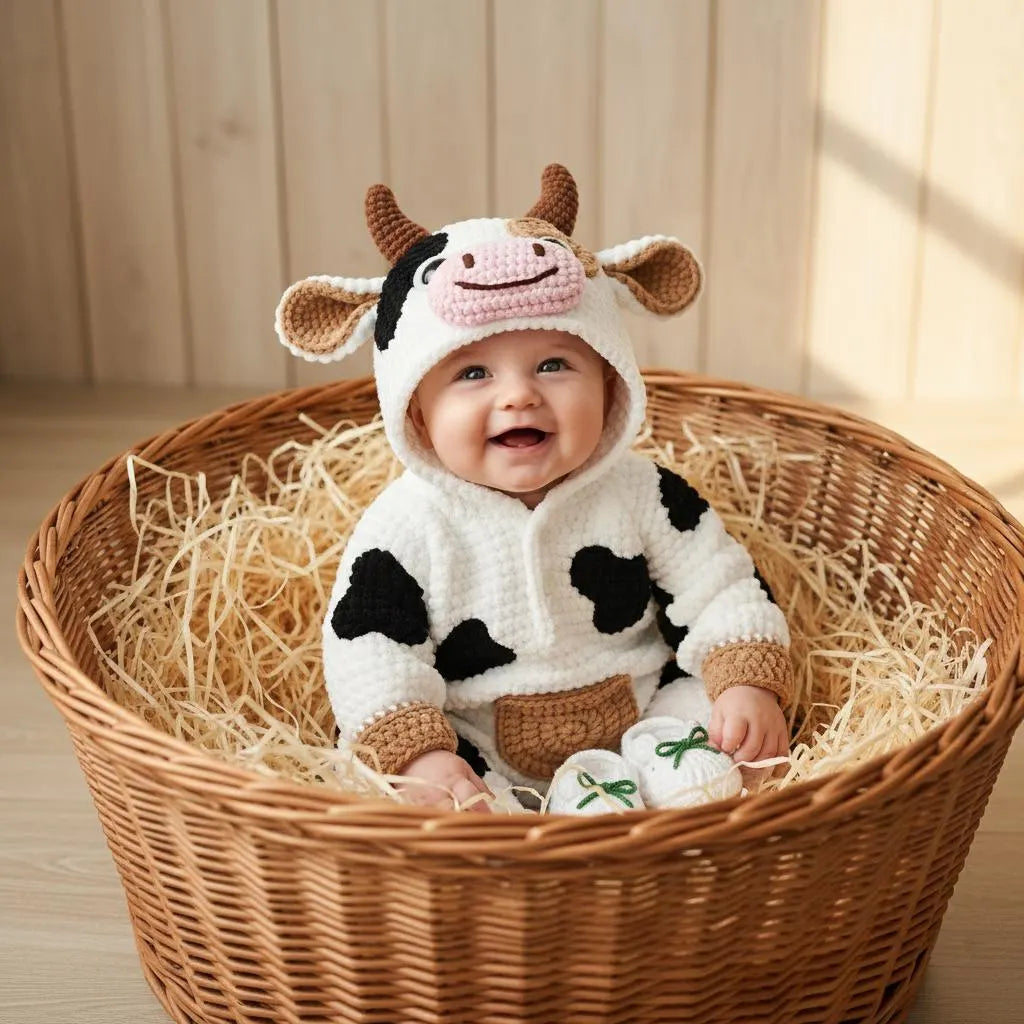 Crochet Cow Baby Romper, Hooded Farm Animal Costume with Booties, Newborn Photo Prop, First Halloween Outfit, Baby Shower Gift