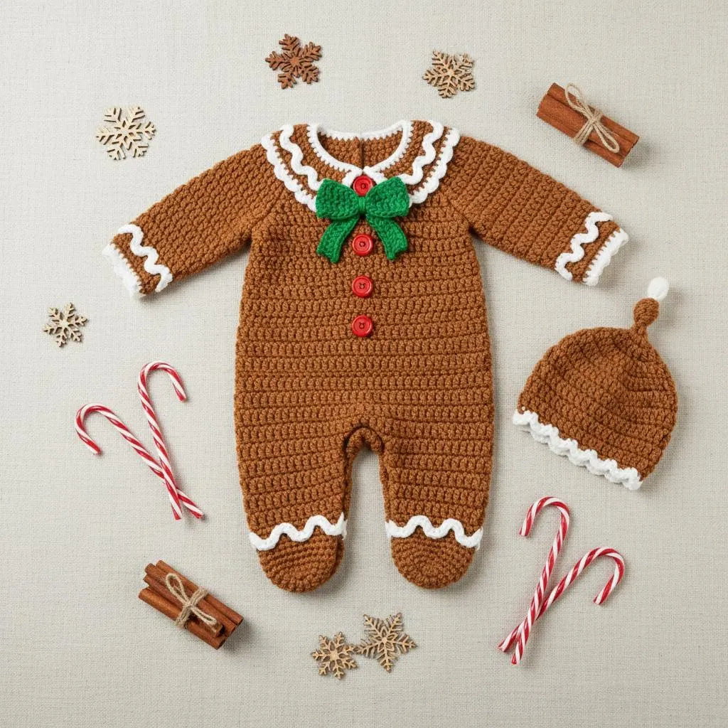Crochet Gingerbread Baby Outfit, Christmas Romper and Hat Set, Newborn Photo Prop, First Christmas Costume, Holiday Baby Gift