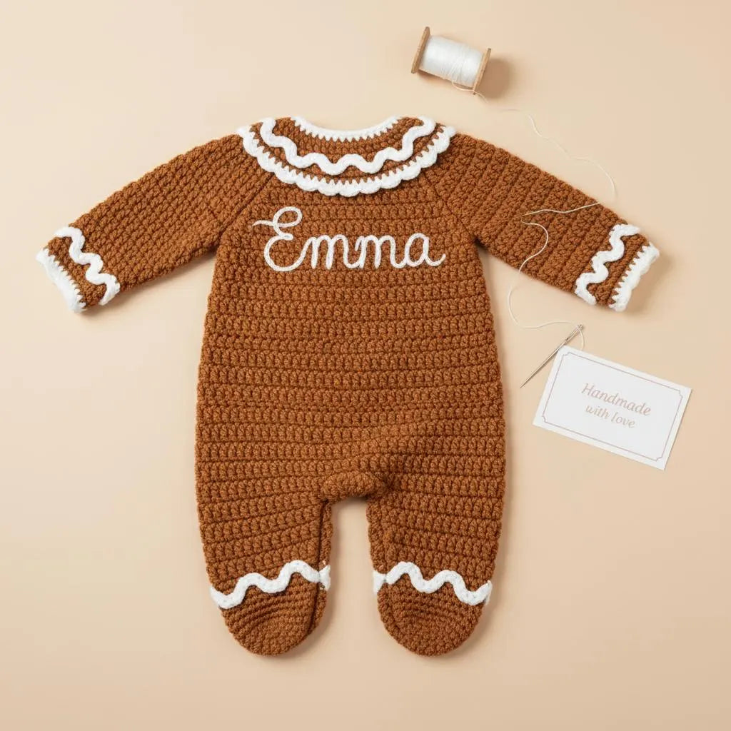 Crochet Gingerbread Baby Outfit, Christmas Romper and Hat Set, Newborn Photo Prop, First Christmas Costume, Holiday Baby Gift