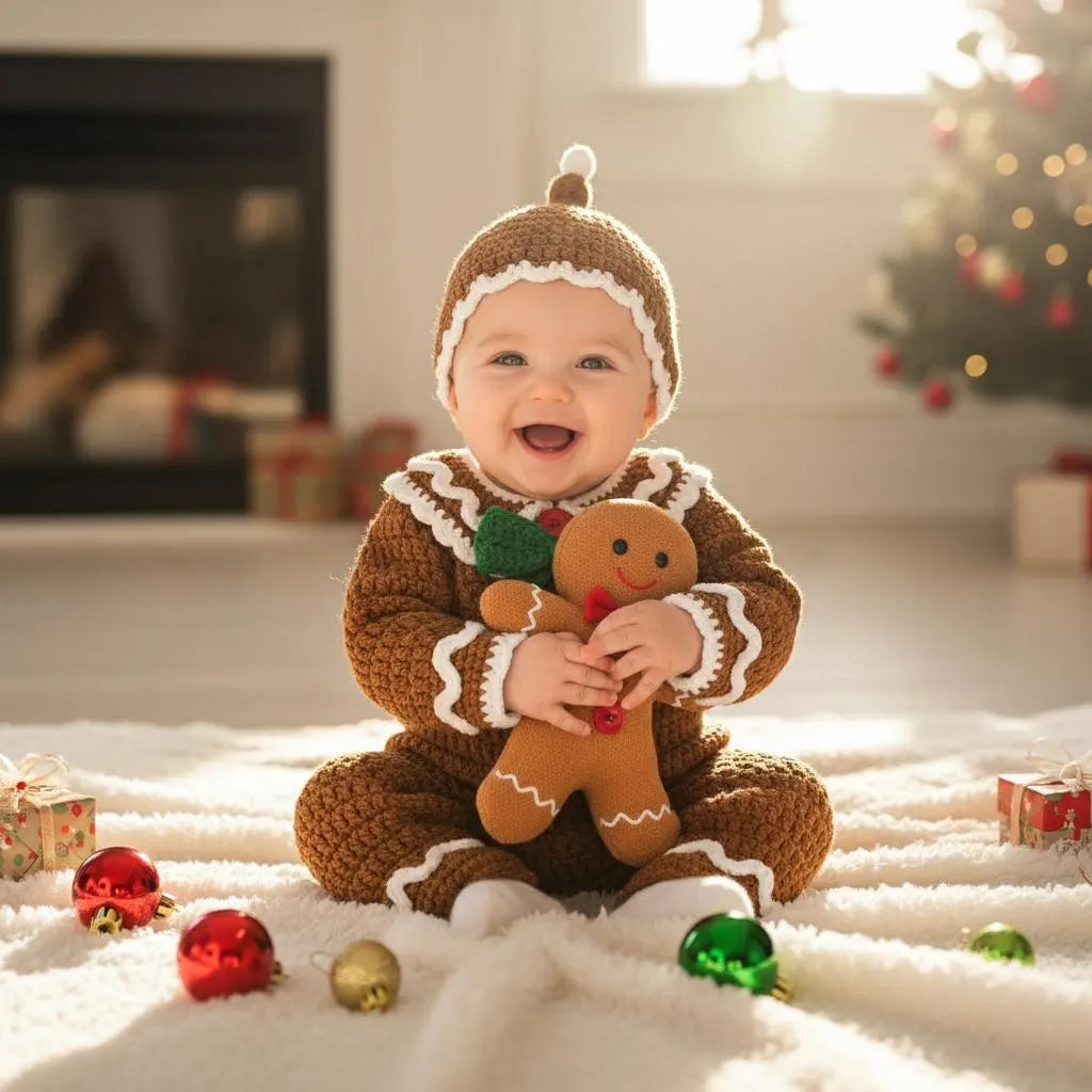 Crochet Gingerbread Baby Outfit, Christmas Romper and Hat Set, Newborn Photo Prop, First Christmas Costume, Holiday Baby Gift