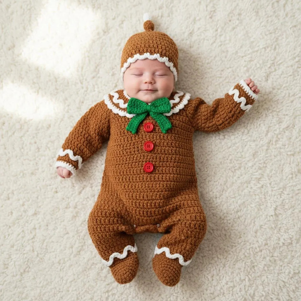 Crochet Gingerbread Baby Outfit, Christmas Romper and Hat Set, Newborn Photo Prop, First Christmas Costume, Holiday Baby Gift