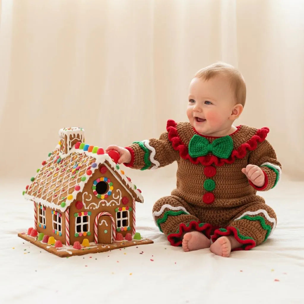 Crochet Gingerbread Baby Romper, Handmade Christmas Infant Outfit with Bow and Ruffles, Newborn Photo Prop, First Christmas Gift