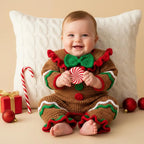 Crochet Gingerbread Baby Romper, Handmade Christmas Infant Outfit with Bow and Ruffles, Newborn Photo Prop, First Christmas Gift