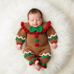Crochet Gingerbread Baby Romper, Handmade Christmas Infant Outfit with Bow and Ruffles, Newborn Photo Prop, First Christmas Gift