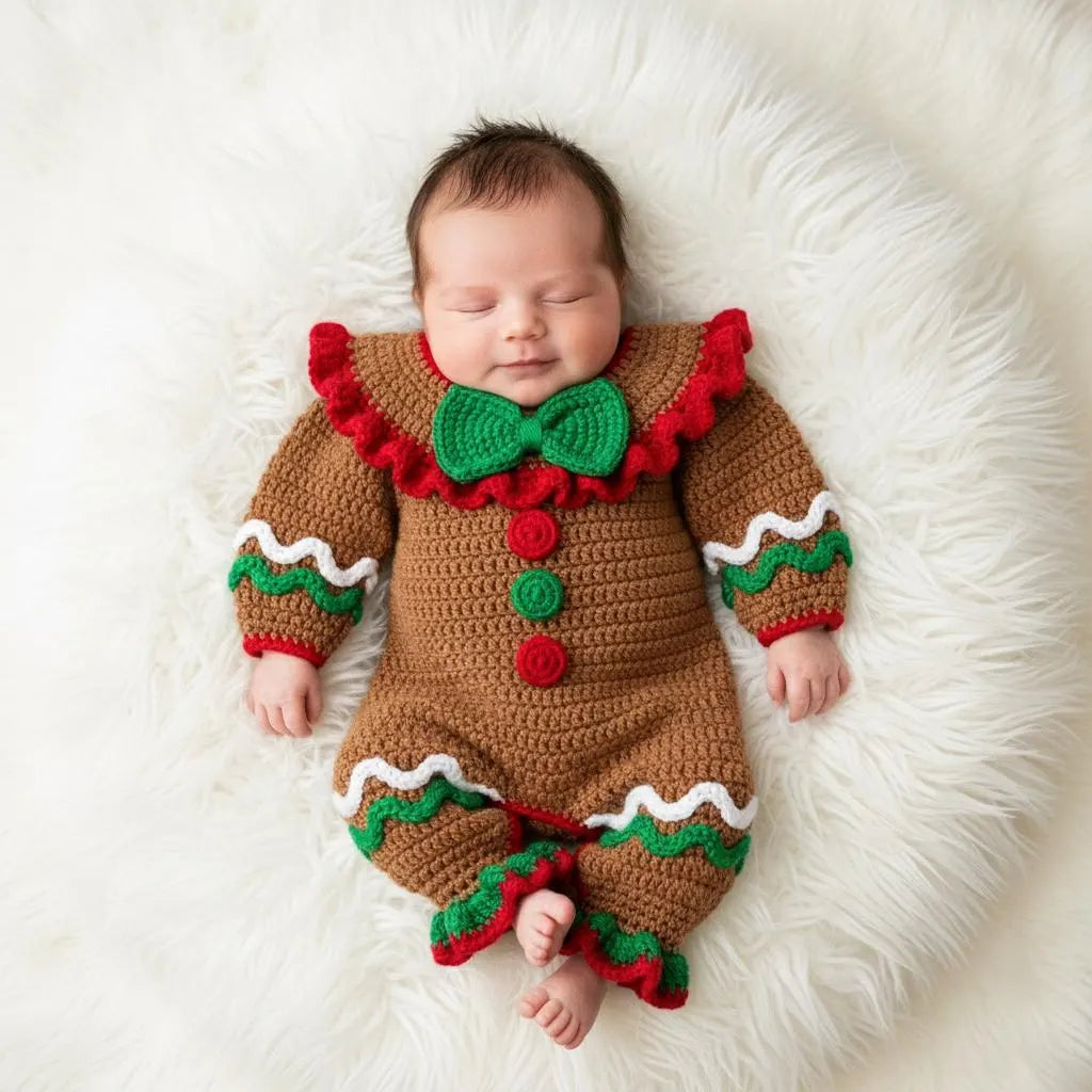 Crochet Gingerbread Baby Romper, Handmade Christmas Infant Outfit with Bow and Ruffles, Newborn Photo Prop, First Christmas Gift