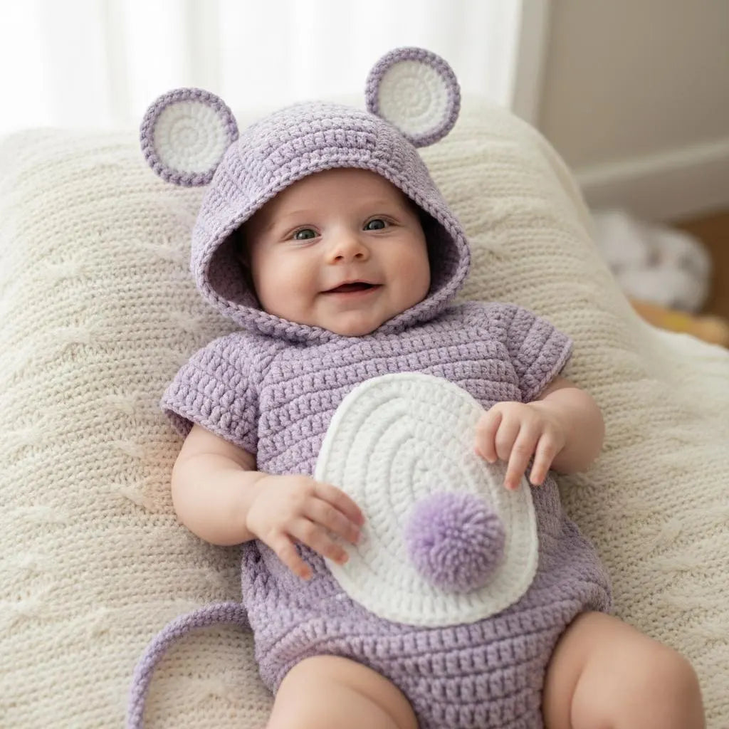 Crochet Mouse Baby Outfit, Handmade Hooded Romper with Tail, Newborn Photo Prop, Baby Halloween Costume, Baby Shower Gift