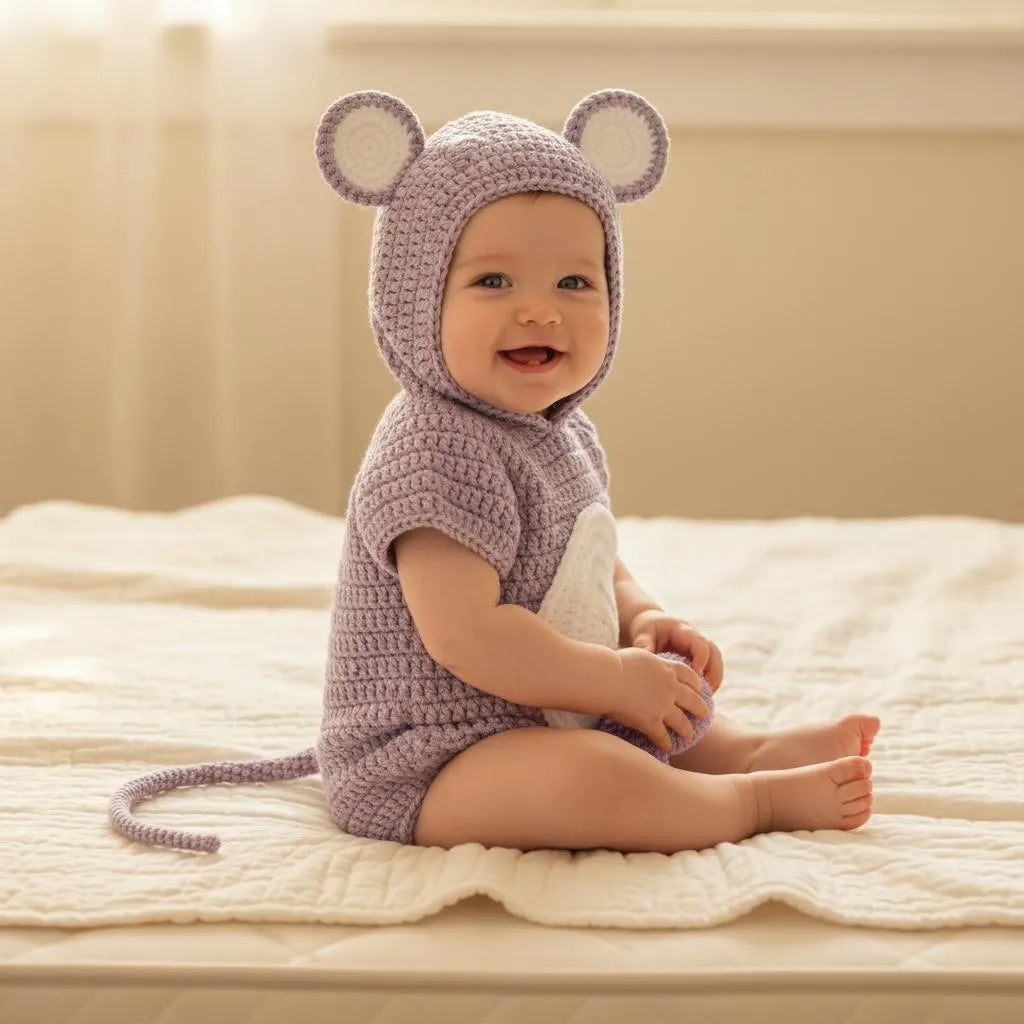 Crochet Mouse Baby Outfit, Handmade Hooded Romper with Tail, Newborn Photo Prop, Baby Halloween Costume, Baby Shower Gift