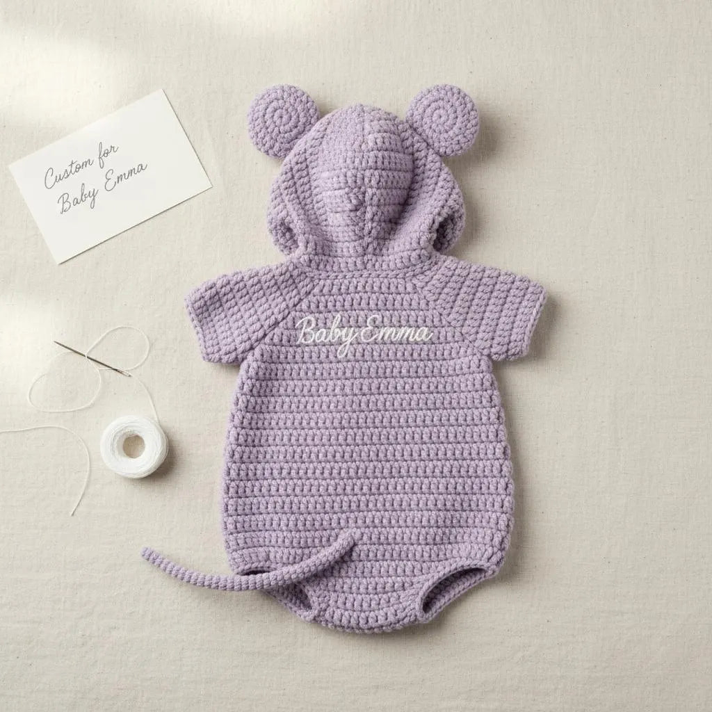 Crochet Mouse Baby Outfit, Handmade Hooded Romper with Tail, Newborn Photo Prop, Baby Halloween Costume, Baby Shower Gift