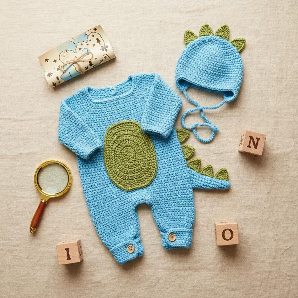 Crochet Dinosaur Baby Outfit, Blue Dino Romper and Bonnet Set, Newborn Photo Prop, Baby Halloween Costume, Baby Shower Gift