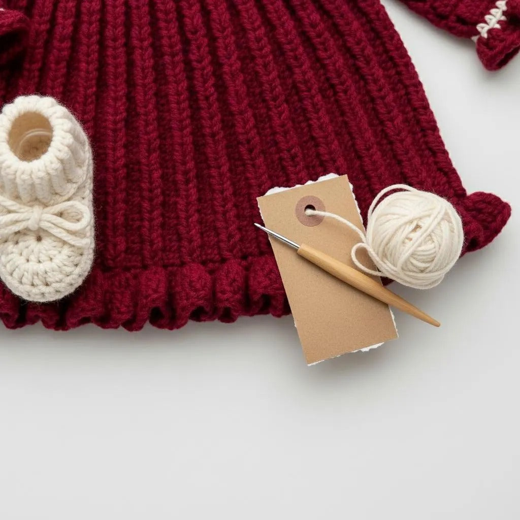 Personalized Crochet Baby Dress, Burgundy Newborn Outfit with Bow Headband and Booties, Baby Girl Coming Home Set, Baby Shower Gift
