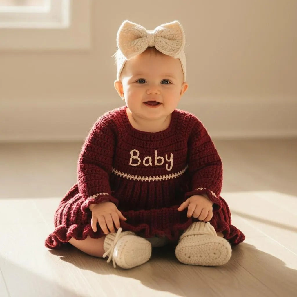 Personalized Crochet Baby Dress, Burgundy Newborn Outfit with Bow Headband and Booties, Baby Girl Coming Home Set, Baby Shower Gift