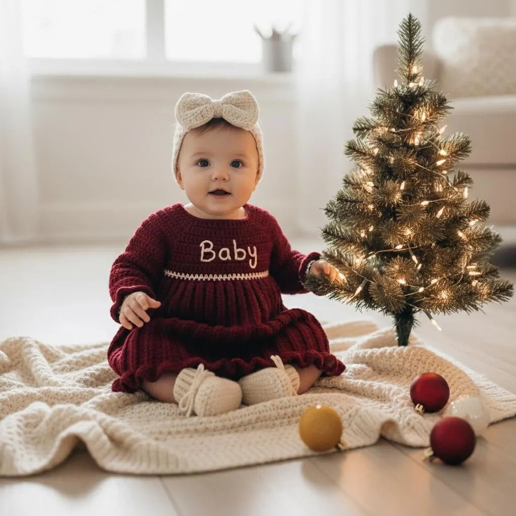 Personalized Crochet Baby Dress, Burgundy Newborn Outfit with Bow Headband and Booties, Baby Girl Coming Home Set, Baby Shower Gift