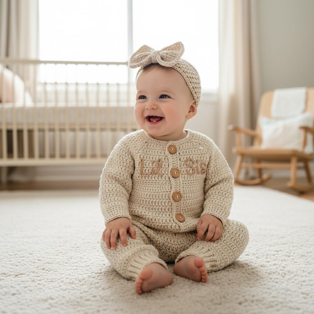 Personalized Crochet Baby Romper, Neutral Newborn Coming Home Outfit with Bow Headband, Custom Name Baby Girl Shower Gift