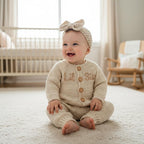 Personalized Crochet Baby Romper, Neutral Newborn Coming Home Outfit with Bow Headband, Custom Name Baby Girl Shower Gift