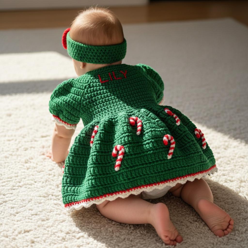 Crochet Baby Christmas Dress, Candy Cane Baby Outfit with Bow Headband, Newborn Photo Prop, Baby Girl First Christmas Gift