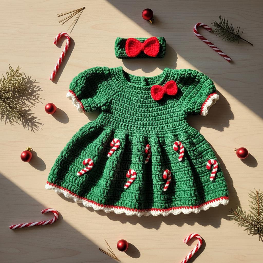 Crochet Baby Christmas Dress, Candy Cane Baby Outfit with Bow Headband, Newborn Photo Prop, Baby Girl First Christmas Gift