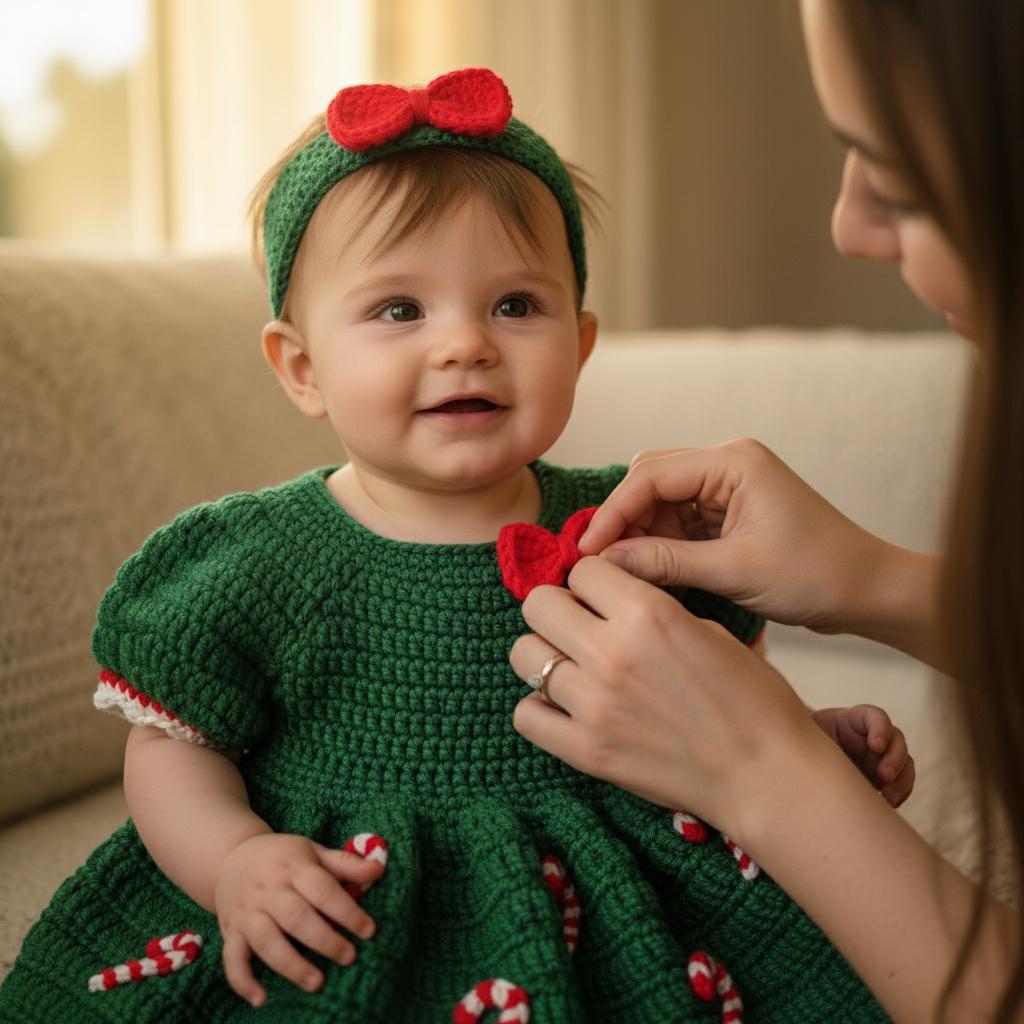 Crochet Baby Christmas Dress, Candy Cane Baby Outfit with Bow Headband, Newborn Photo Prop, Baby Girl First Christmas Gift