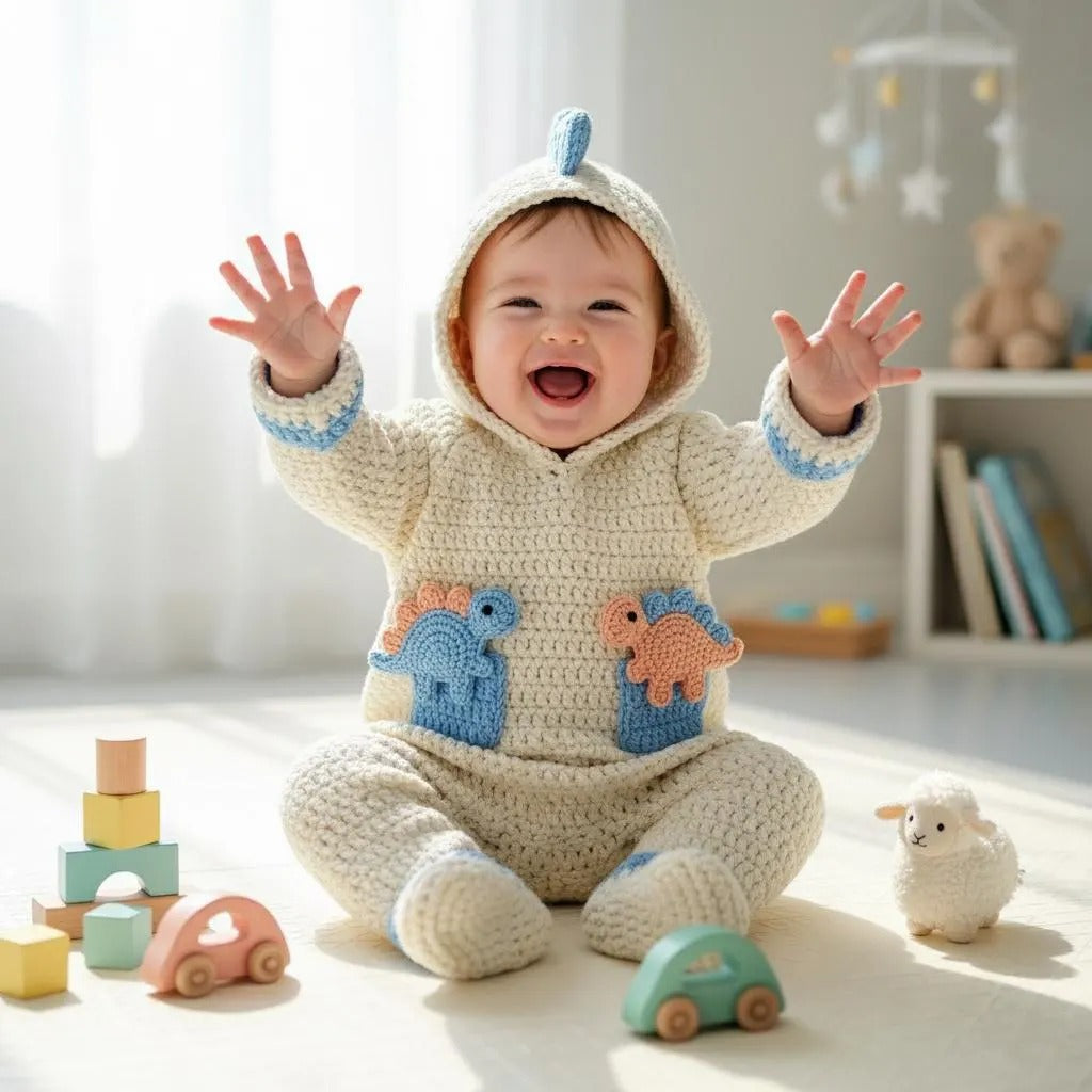 Crochet Dinosaur Baby Romper, Handmade Hooded Dino Newborn Outfit, Baby Boy Photo Prop, First Halloween Costume, Baby Shower Gift