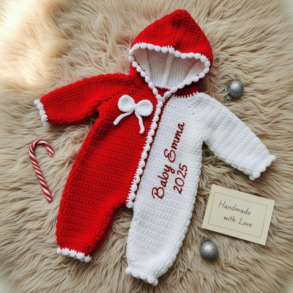 Personalized Crochet Baby Romper, Custom Name Christmas Outfit, Red White Hooded Jumpsuit, Newborn Photo Prop, Baby’s First Christmas Gift