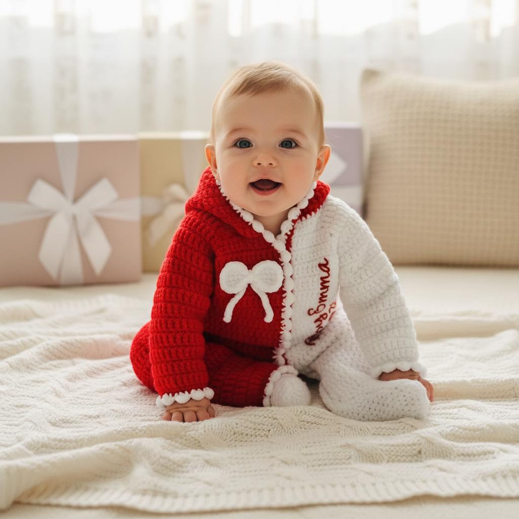 Personalized Crochet Baby Romper, Custom Name Christmas Outfit, Red White Hooded Jumpsuit, Newborn Photo Prop, Baby’s First Christmas Gift