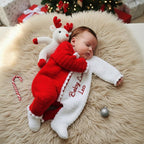 Personalized Crochet Baby Romper, Custom Name Christmas Outfit, Red White Hooded Jumpsuit, Newborn Photo Prop, Baby’s First Christmas Gift