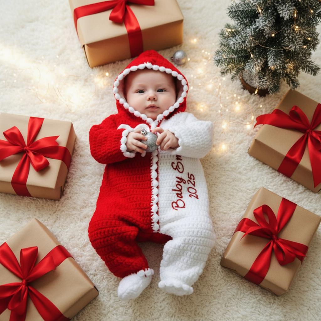 Personalized Crochet Baby Romper, Custom Name Christmas Outfit, Red White Hooded Jumpsuit, Newborn Photo Prop, Baby’s First Christmas Gift