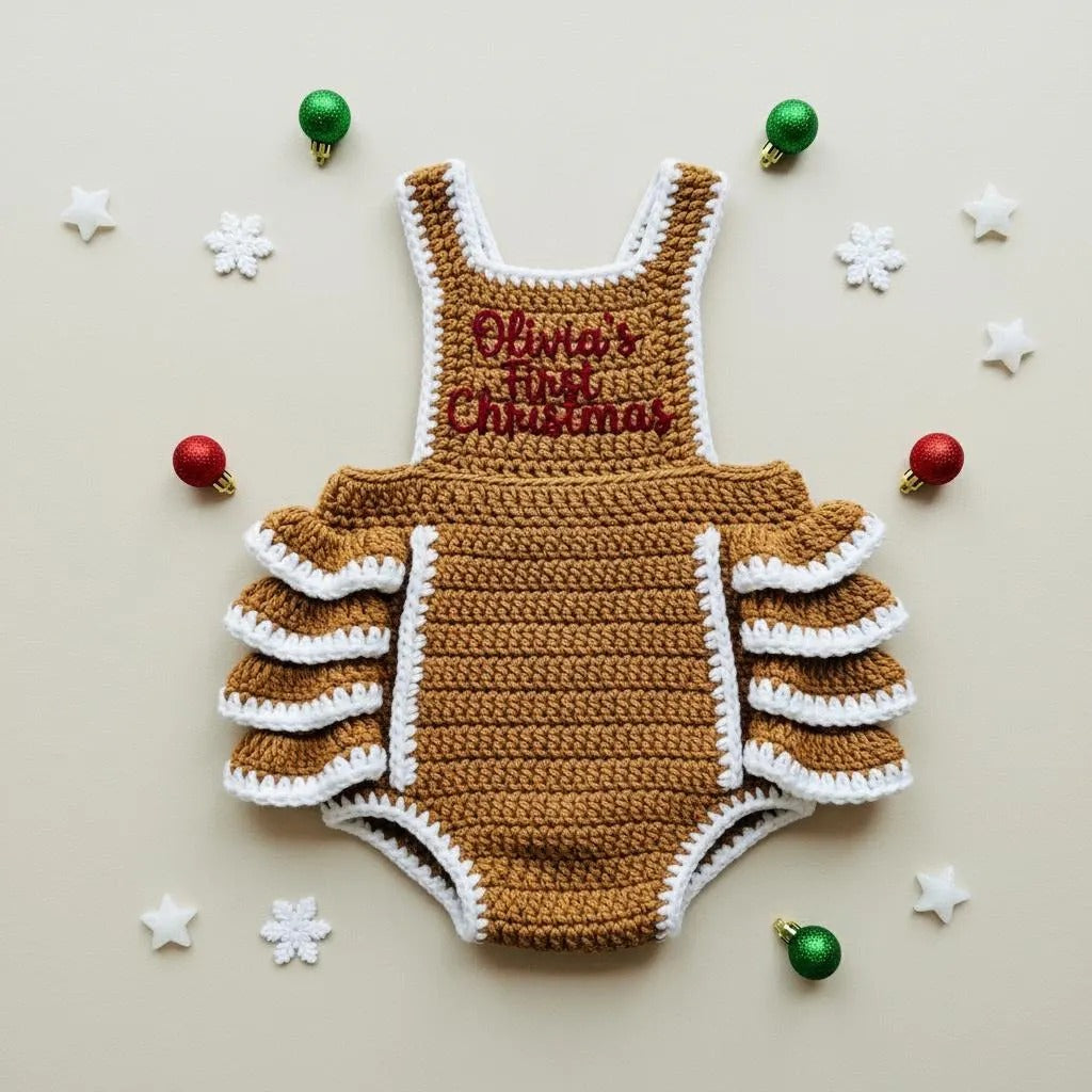 Crochet Gingerbread Baby Romper, Handmade Christmas Outfit with Bow Headband, Newborn Photo Prop, First Christmas Gift