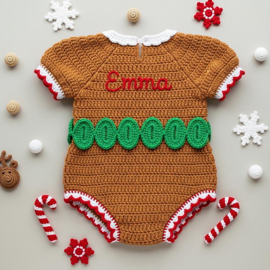 Crochet Gingerbread Baby Romper, Handmade Christmas Outfit with Red Bow, Newborn Photo Prop, Baby’s First Christmas Gift