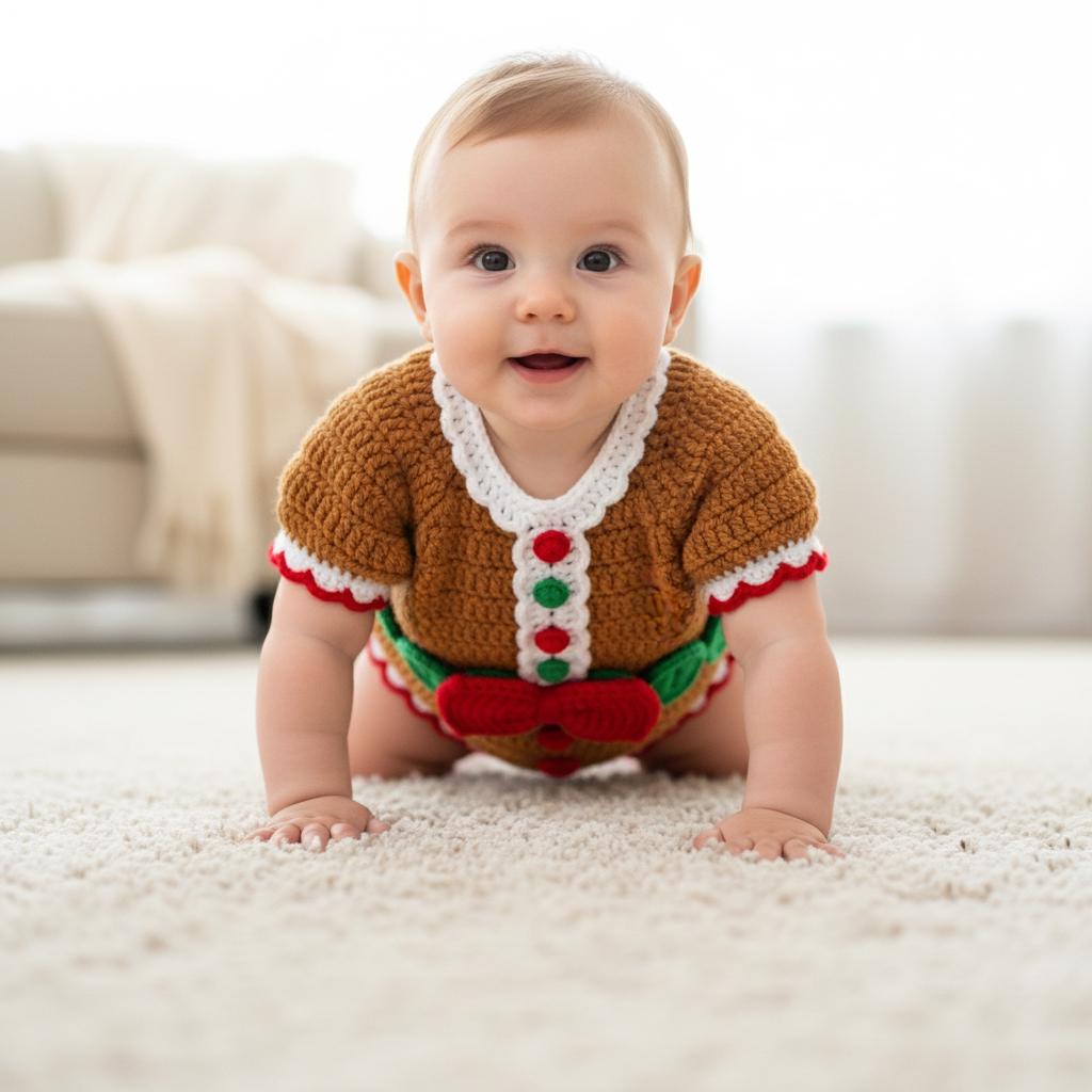 Crochet Gingerbread Baby Romper, Handmade Christmas Outfit with Red Bow, Newborn Photo Prop, Baby’s First Christmas Gift