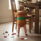 Crochet Gingerbread Baby Romper, Handmade Christmas Outfit with Red Bow, Newborn Photo Prop, Baby’s First Christmas Gift