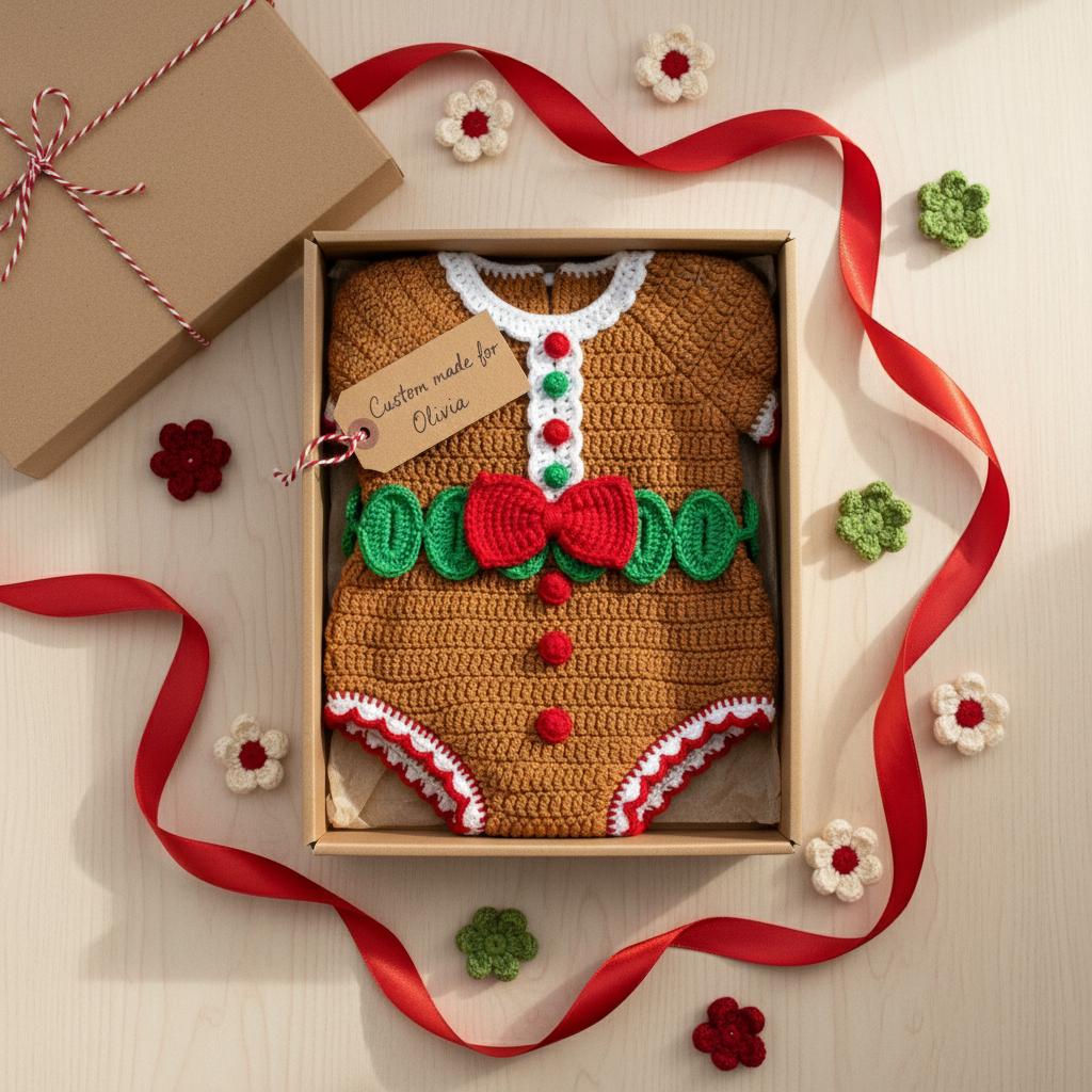 Crochet Gingerbread Baby Romper, Handmade Christmas Outfit with Red Bow, Newborn Photo Prop, Baby’s First Christmas Gift
