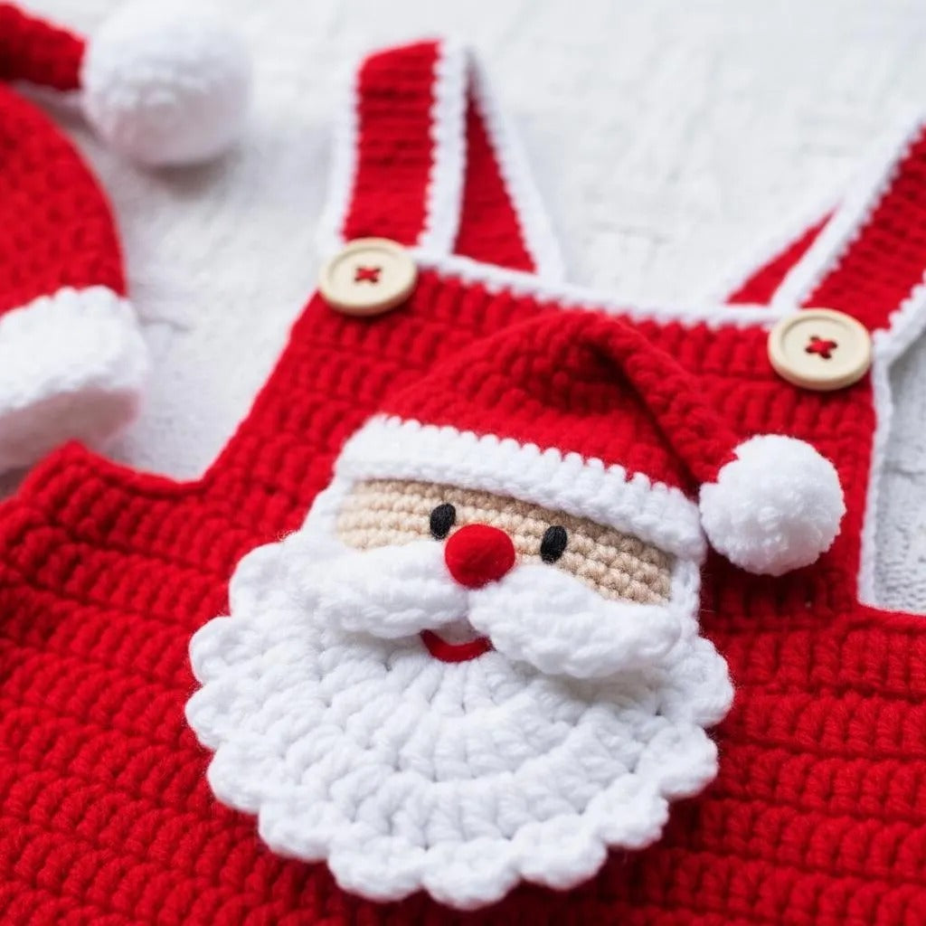 Handmade Crochet Santa Baby Outfit, Newborn Christmas Romper, Hat and Booties Set